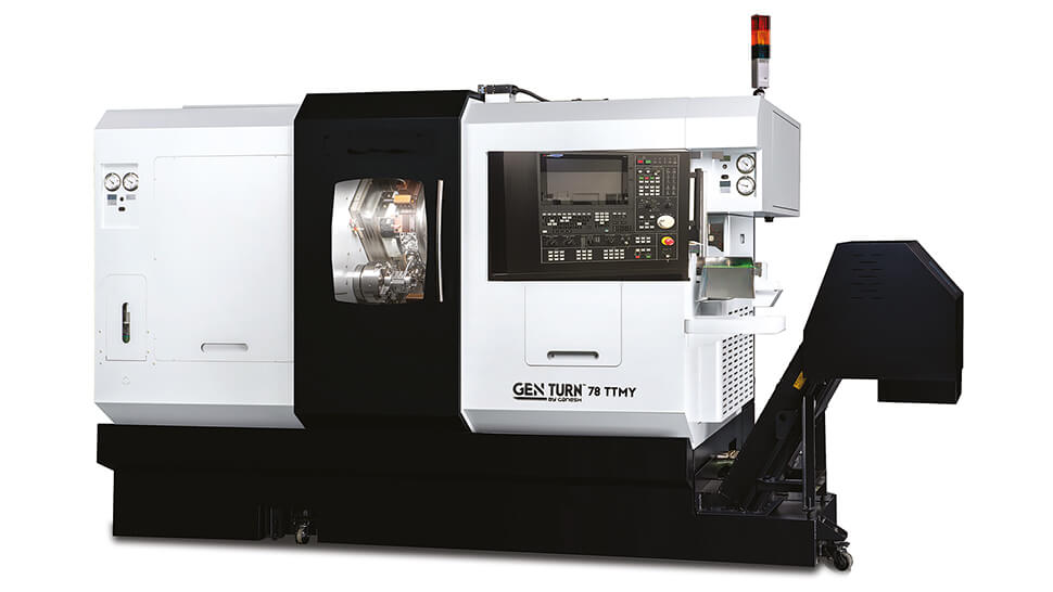 The line between the first multitask machines—Swiss-style lathes—and newer mill/turn centers continues to blur as machine tool builders eliminate the need for guide bushings. Image courtesy of Ganesh Machinery